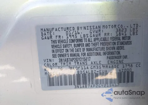 2016 Nissan Sentra Fe+ S/S/Sl/Sr/Sv z USA, uszkodzony, nr VIN 3N1AB7AP2GY215417